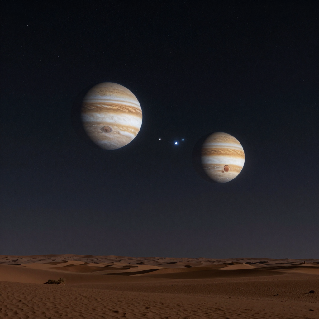 Mars and Jupiter in close planetary conjunction in the August night sky above a desert horizon