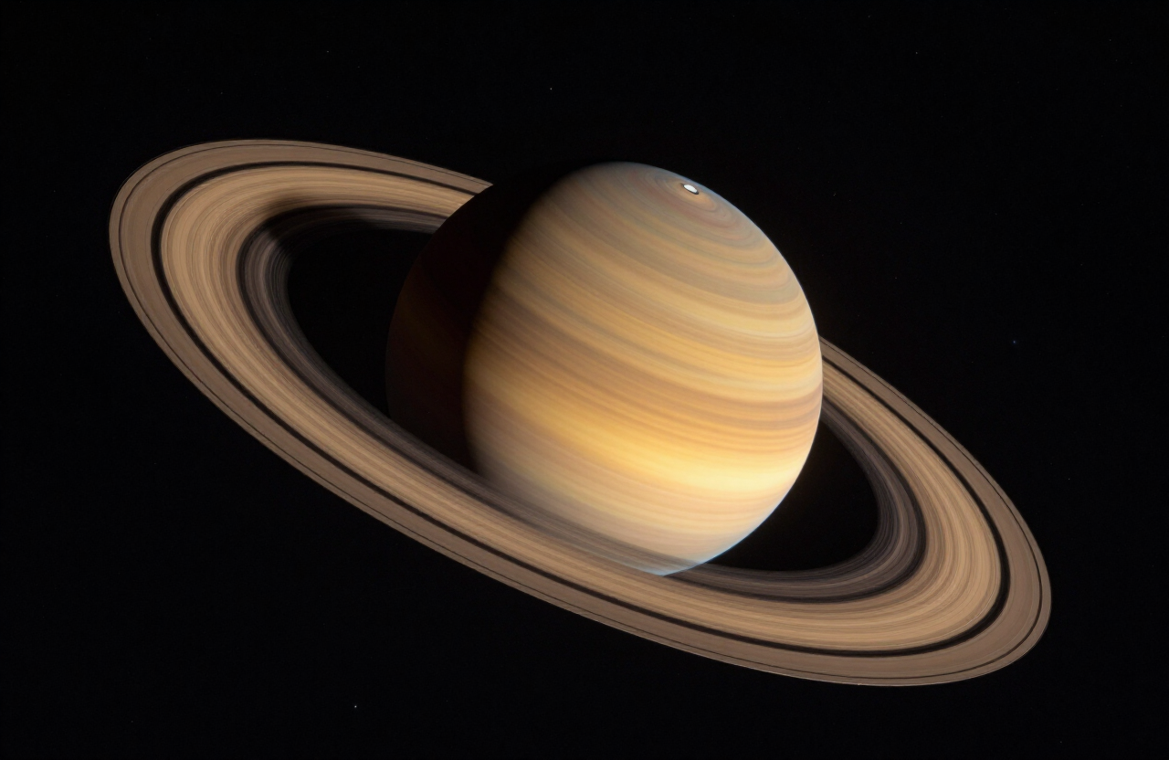 Golden Saturn at opposition with its iconic rings tilted wide against a deep starry late-August night sky