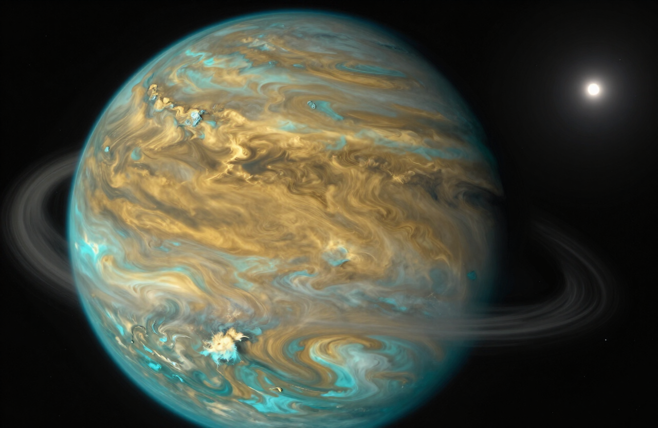James Webb infrared view of an exoplanet atmosphere with swirling water vapor clouds in golden and teal false color against deep space