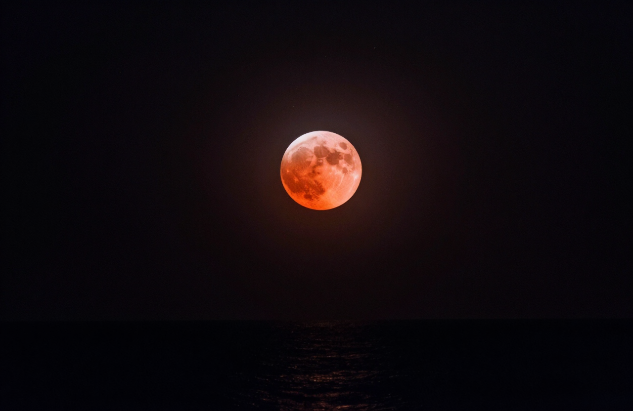 A total lunar eclipse blood moon glowing deep red-orange in a dark September night sky over a calm ocean horizon